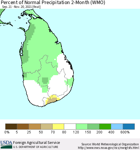 Sri Lanka Percent of Normal Precipitation 2-Month (WMO) Thematic Map For 9/21/2021 - 11/20/2021