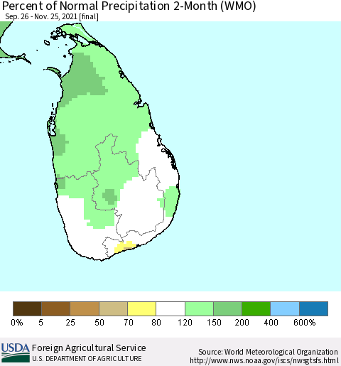 Sri Lanka Percent of Normal Precipitation 2-Month (WMO) Thematic Map For 9/26/2021 - 11/25/2021
