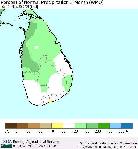 Sri Lanka Percent of Normal Precipitation 2-Month (WMO) Thematic Map For 10/1/2021 - 11/30/2021