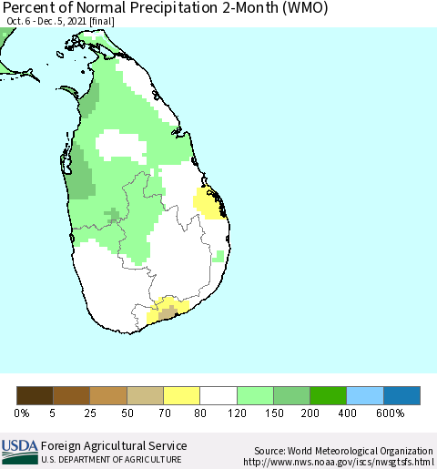 Sri Lanka Percent of Normal Precipitation 2-Month (WMO) Thematic Map For 10/6/2021 - 12/5/2021