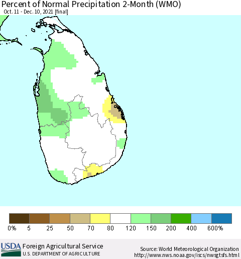 Sri Lanka Percent of Normal Precipitation 2-Month (WMO) Thematic Map For 10/11/2021 - 12/10/2021