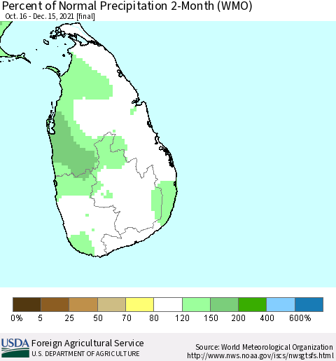 Sri Lanka Percent of Normal Precipitation 2-Month (WMO) Thematic Map For 10/16/2021 - 12/15/2021
