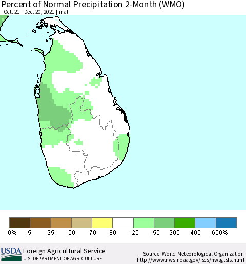 Sri Lanka Percent of Normal Precipitation 2-Month (WMO) Thematic Map For 10/21/2021 - 12/20/2021