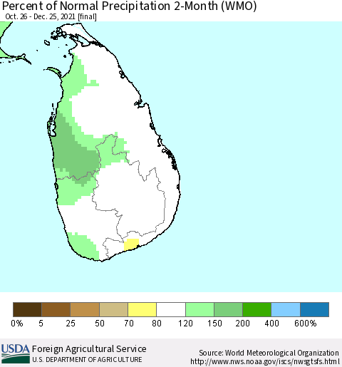 Sri Lanka Percent of Normal Precipitation 2-Month (WMO) Thematic Map For 10/26/2021 - 12/25/2021