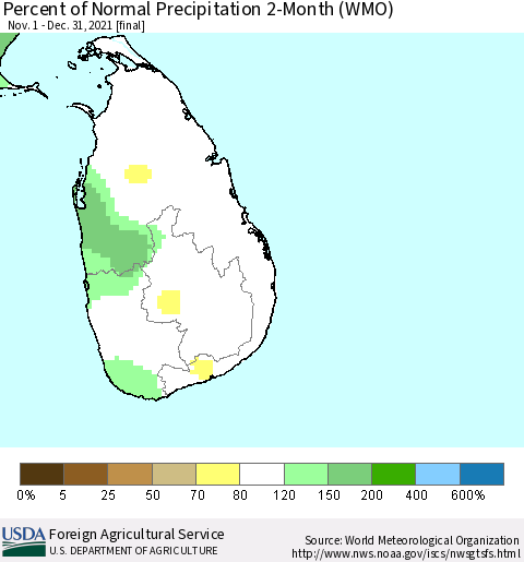 Sri Lanka Percent of Normal Precipitation 2-Month (WMO) Thematic Map For 11/1/2021 - 12/31/2021