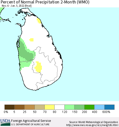 Sri Lanka Percent of Normal Precipitation 2-Month (WMO) Thematic Map For 11/6/2021 - 1/5/2022
