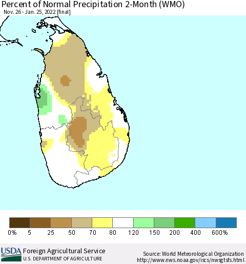 Sri Lanka Percent of Normal Precipitation 2-Month (WMO) Thematic Map For 11/26/2021 - 1/25/2022