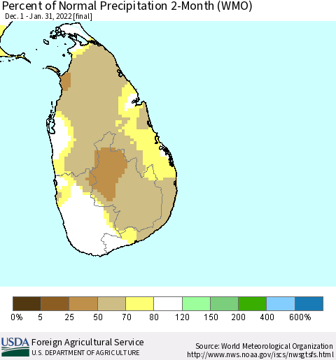 Sri Lanka Percent of Normal Precipitation 2-Month (WMO) Thematic Map For 12/1/2021 - 1/31/2022