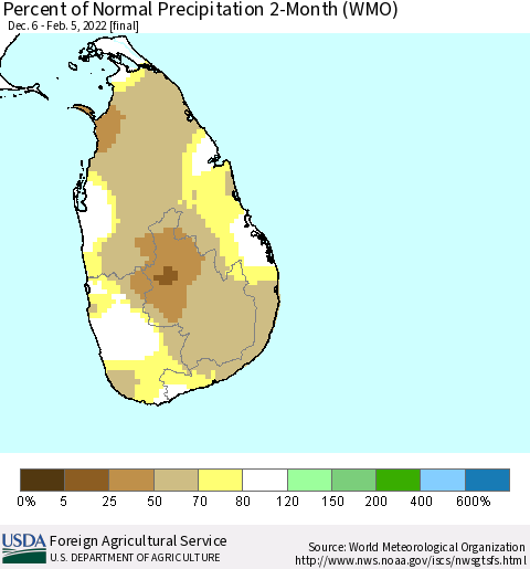 Sri Lanka Percent of Normal Precipitation 2-Month (WMO) Thematic Map For 12/6/2021 - 2/5/2022
