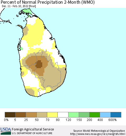 Sri Lanka Percent of Normal Precipitation 2-Month (WMO) Thematic Map For 12/11/2021 - 2/10/2022
