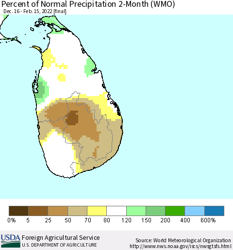 Sri Lanka Percent of Normal Precipitation 2-Month (WMO) Thematic Map For 12/16/2021 - 2/15/2022