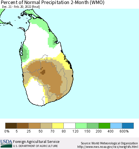 Sri Lanka Percent of Normal Precipitation 2-Month (WMO) Thematic Map For 12/21/2021 - 2/20/2022