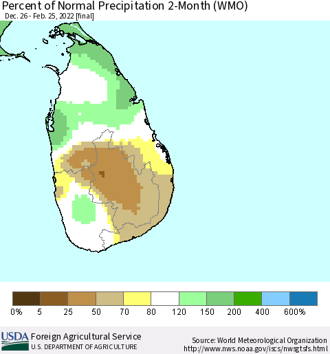 Sri Lanka Percent of Normal Precipitation 2-Month (WMO) Thematic Map For 12/26/2021 - 2/25/2022