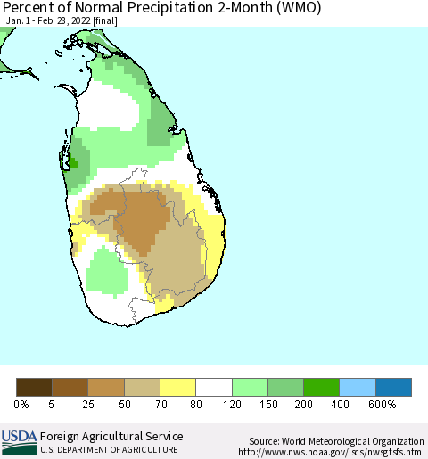 Sri Lanka Percent of Normal Precipitation 2-Month (WMO) Thematic Map For 1/1/2022 - 2/28/2022