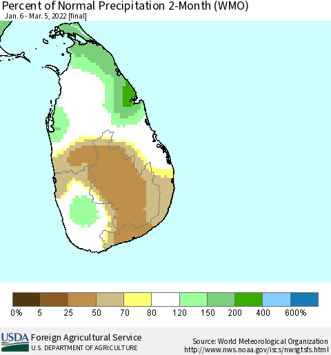 Sri Lanka Percent of Normal Precipitation 2-Month (WMO) Thematic Map For 1/6/2022 - 3/5/2022