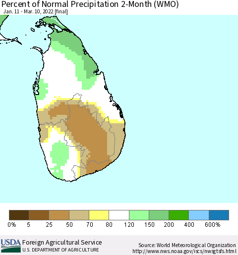 Sri Lanka Percent of Normal Precipitation 2-Month (WMO) Thematic Map For 1/11/2022 - 3/10/2022