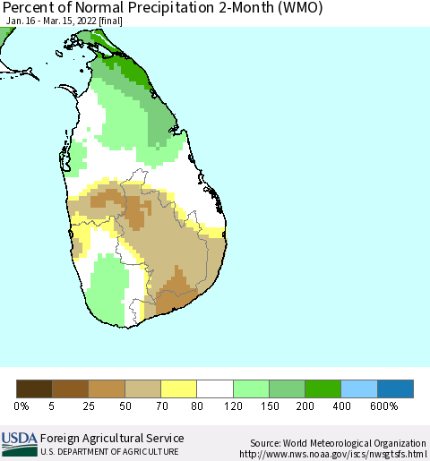 Sri Lanka Percent of Normal Precipitation 2-Month (WMO) Thematic Map For 1/16/2022 - 3/15/2022