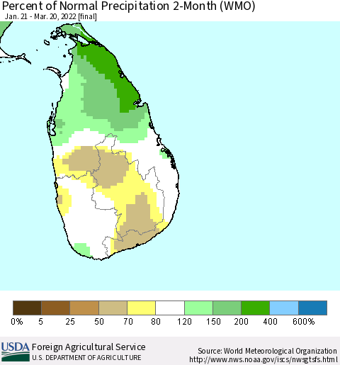 Sri Lanka Percent of Normal Precipitation 2-Month (WMO) Thematic Map For 1/21/2022 - 3/20/2022