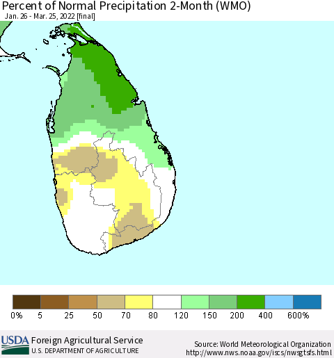 Sri Lanka Percent of Normal Precipitation 2-Month (WMO) Thematic Map For 1/26/2022 - 3/25/2022