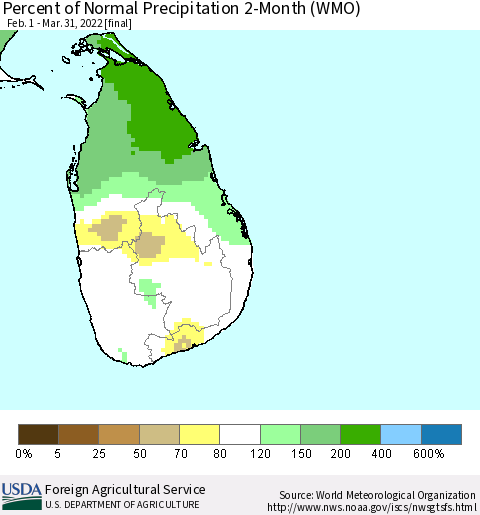 Sri Lanka Percent of Normal Precipitation 2-Month (WMO) Thematic Map For 2/1/2022 - 3/31/2022