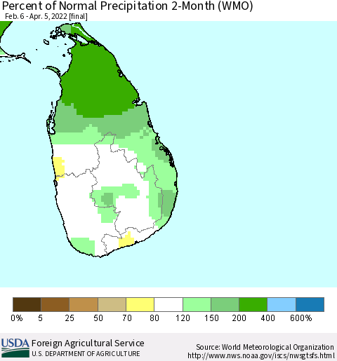 Sri Lanka Percent of Normal Precipitation 2-Month (WMO) Thematic Map For 2/6/2022 - 4/5/2022