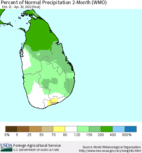 Sri Lanka Percent of Normal Precipitation 2-Month (WMO) Thematic Map For 2/21/2022 - 4/20/2022