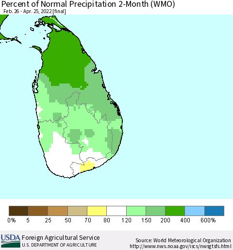 Sri Lanka Percent of Normal Precipitation 2-Month (WMO) Thematic Map For 2/26/2022 - 4/25/2022