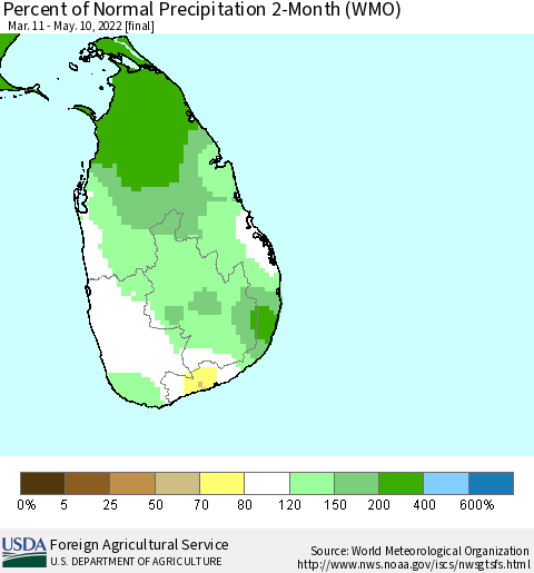 Sri Lanka Percent of Normal Precipitation 2-Month (WMO) Thematic Map For 3/11/2022 - 5/10/2022