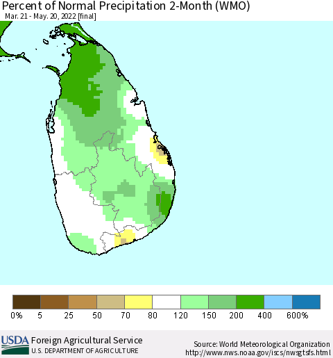 Sri Lanka Percent of Normal Precipitation 2-Month (WMO) Thematic Map For 3/21/2022 - 5/20/2022