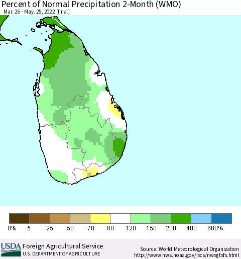 Sri Lanka Percent of Normal Precipitation 2-Month (WMO) Thematic Map For 3/26/2022 - 5/25/2022
