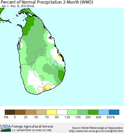 Sri Lanka Percent of Normal Precipitation 2-Month (WMO) Thematic Map For 4/1/2022 - 5/31/2022