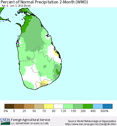 Sri Lanka Percent of Normal Precipitation 2-Month (WMO) Thematic Map For 4/6/2022 - 6/5/2022