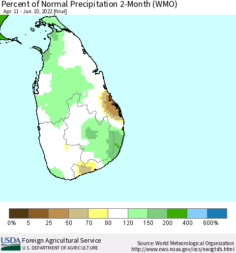 Sri Lanka Percent of Normal Precipitation 2-Month (WMO) Thematic Map For 4/11/2022 - 6/10/2022