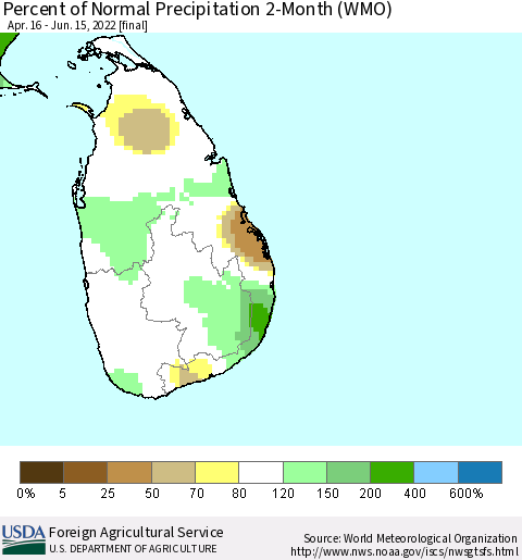 Sri Lanka Percent of Normal Precipitation 2-Month (WMO) Thematic Map For 4/16/2022 - 6/15/2022