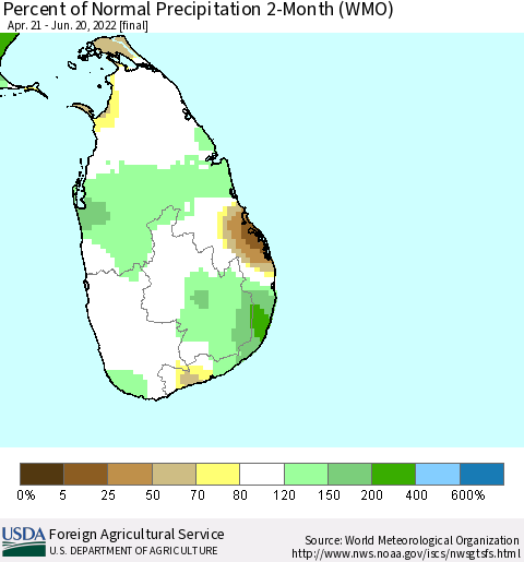 Sri Lanka Percent of Normal Precipitation 2-Month (WMO) Thematic Map For 4/21/2022 - 6/20/2022