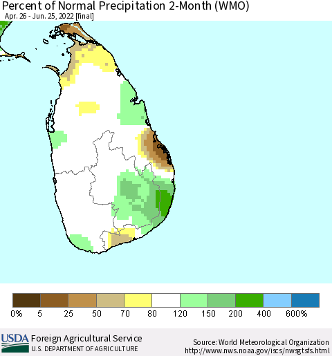 Sri Lanka Percent of Normal Precipitation 2-Month (WMO) Thematic Map For 4/26/2022 - 6/25/2022