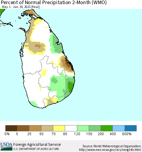 Sri Lanka Percent of Normal Precipitation 2-Month (WMO) Thematic Map For 5/1/2022 - 6/30/2022
