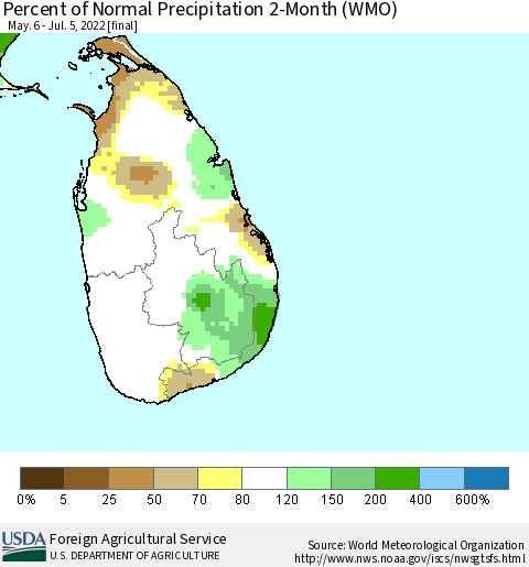 Sri Lanka Percent of Normal Precipitation 2-Month (WMO) Thematic Map For 5/6/2022 - 7/5/2022