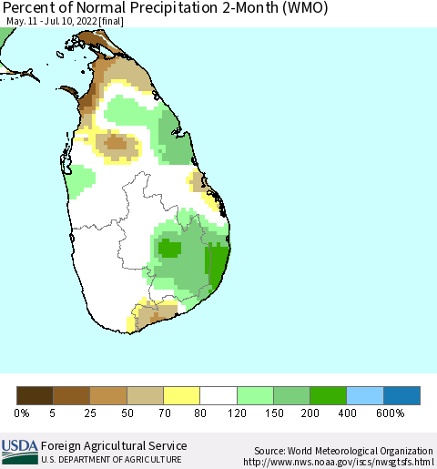 Sri Lanka Percent of Normal Precipitation 2-Month (WMO) Thematic Map For 5/11/2022 - 7/10/2022