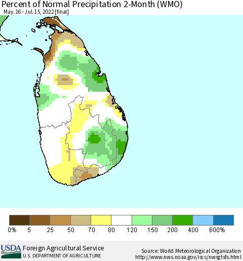 Sri Lanka Percent of Normal Precipitation 2-Month (WMO) Thematic Map For 5/16/2022 - 7/15/2022