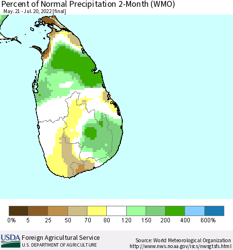 Sri Lanka Percent of Normal Precipitation 2-Month (WMO) Thematic Map For 5/21/2022 - 7/20/2022
