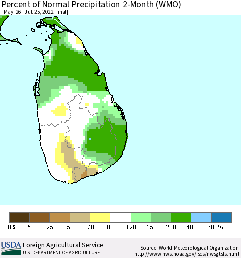 Sri Lanka Percent of Normal Precipitation 2-Month (WMO) Thematic Map For 5/26/2022 - 7/25/2022