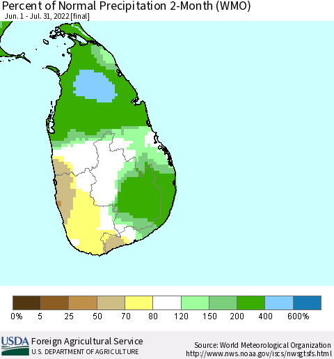 Sri Lanka Percent of Normal Precipitation 2-Month (WMO) Thematic Map For 6/1/2022 - 7/31/2022