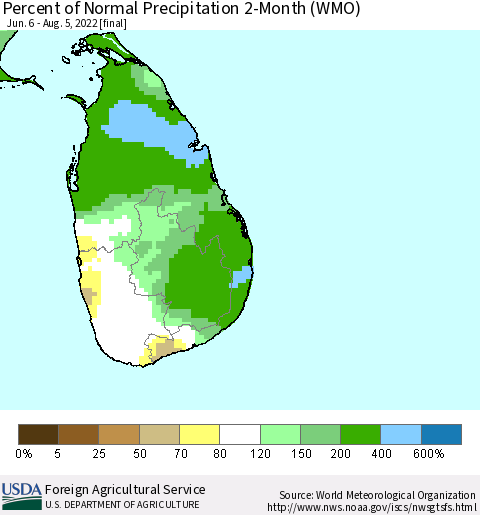 Sri Lanka Percent of Normal Precipitation 2-Month (WMO) Thematic Map For 6/6/2022 - 8/5/2022