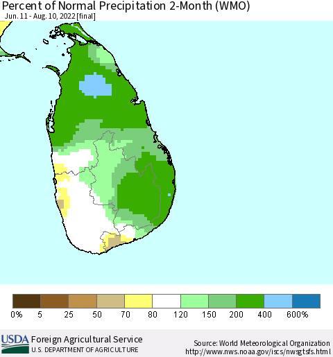 Sri Lanka Percent of Normal Precipitation 2-Month (WMO) Thematic Map For 6/11/2022 - 8/10/2022