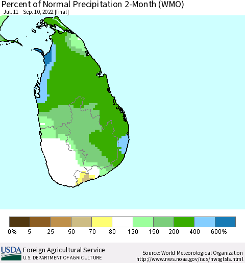 Sri Lanka Percent of Normal Precipitation 2-Month (WMO) Thematic Map For 7/11/2022 - 9/10/2022