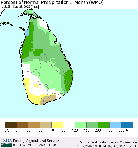 Sri Lanka Percent of Normal Precipitation 2-Month (WMO) Thematic Map For 7/26/2022 - 9/25/2022