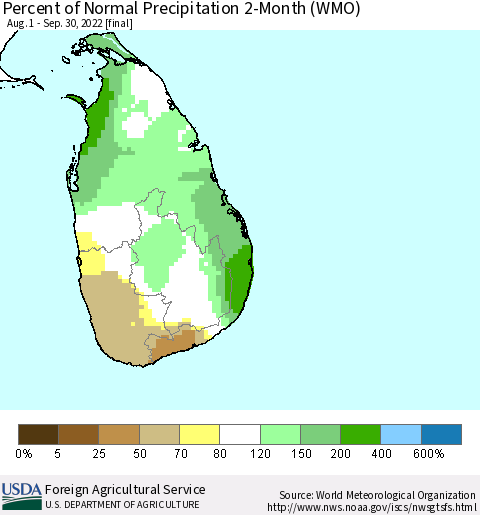 Sri Lanka Percent of Normal Precipitation 2-Month (WMO) Thematic Map For 8/1/2022 - 9/30/2022