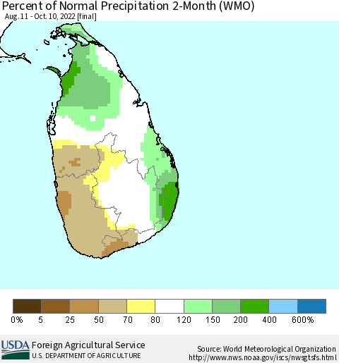 Sri Lanka Percent of Normal Precipitation 2-Month (WMO) Thematic Map For 8/11/2022 - 10/10/2022