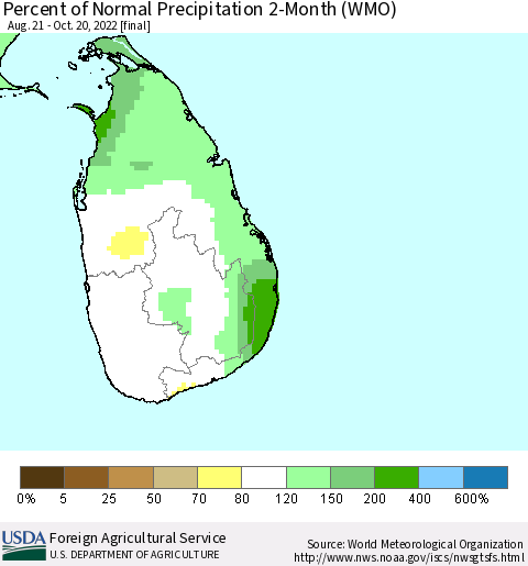 Sri Lanka Percent of Normal Precipitation 2-Month (WMO) Thematic Map For 8/21/2022 - 10/20/2022